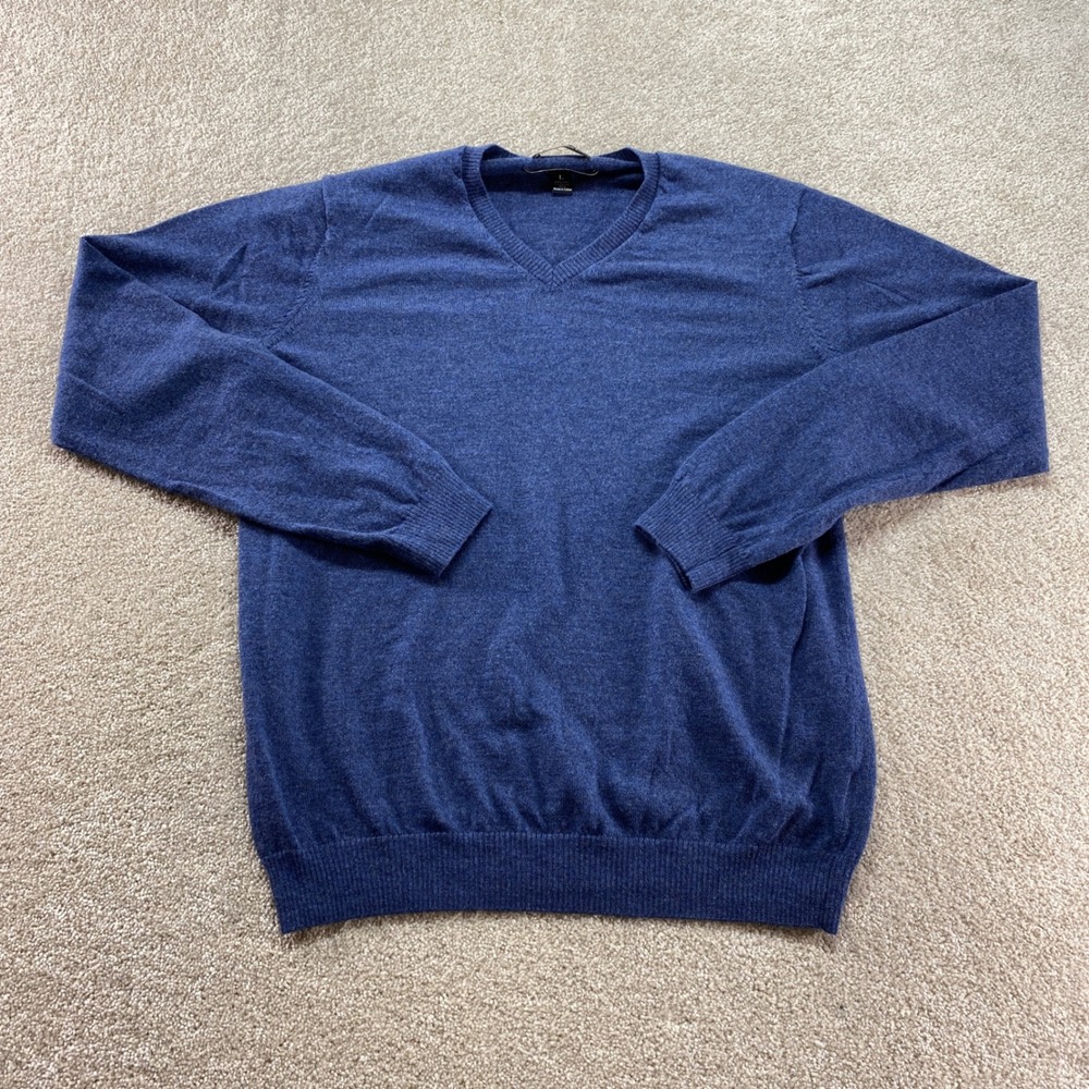 Pronto Uomo V-Neck Sweater Mens Large Blue Extra Fine Merino Wool Knit